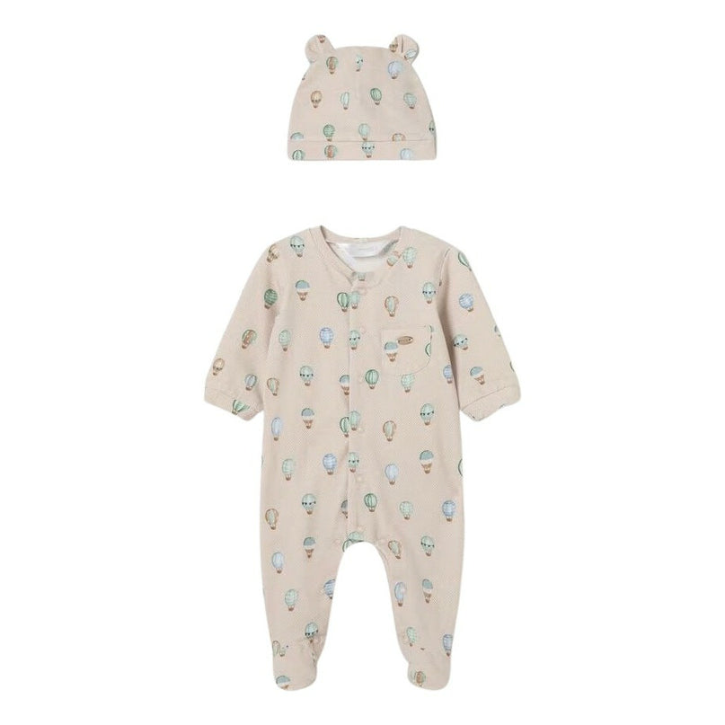 Beige Air Balloon Print Babygrow & Hat