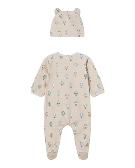 Beige Air Balloon Print Babygrow & Hat