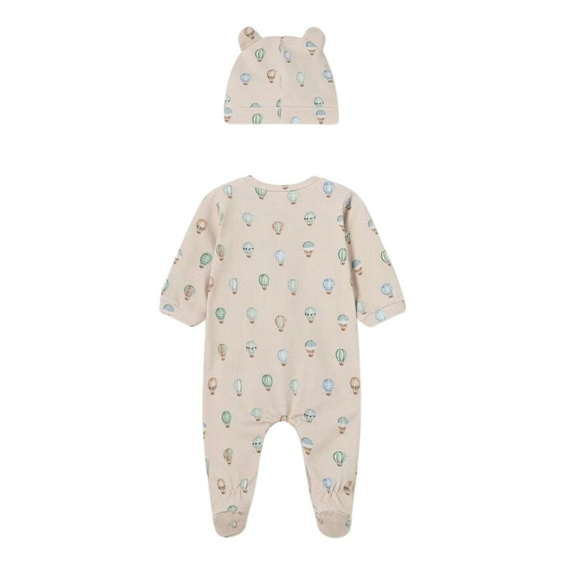 Beige Air Balloon Print Babygrow & Hat