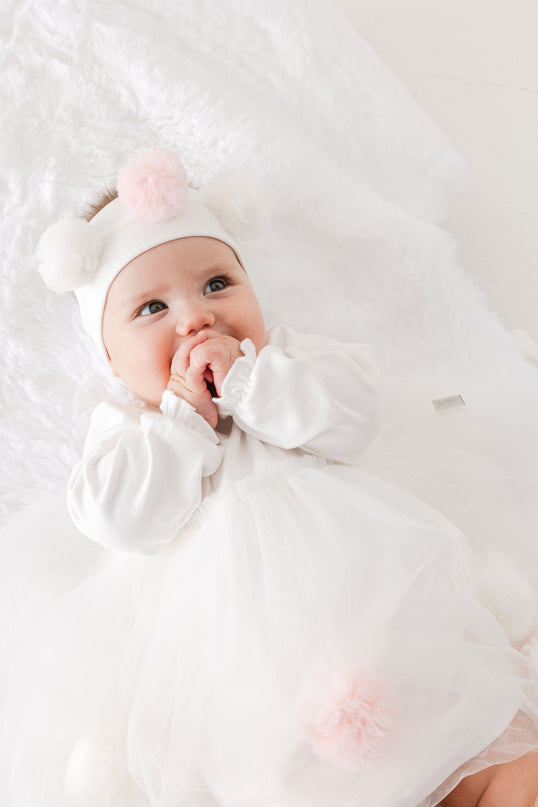 White Petit Love Pom Dress & Headband