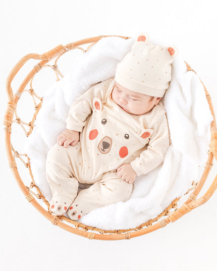 Beige Adventurous Bear Babygrow & Hat