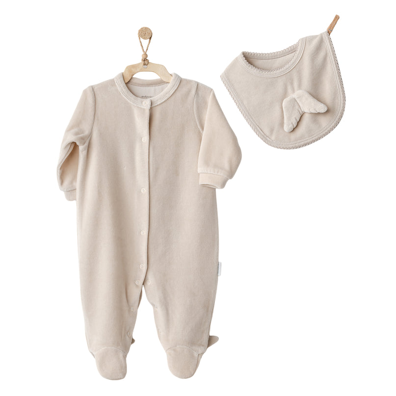 Andy Wawa-AC25324-BEIGE-ROMPER BIBS SET VELVET HAPPY NEWYEAR