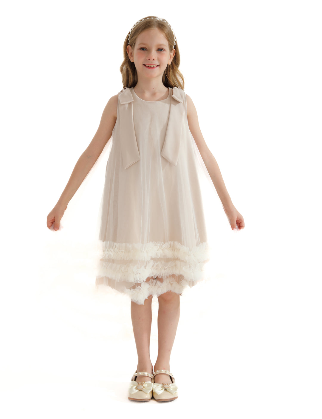 Cream Violeta Sleeveless Ruffle Overlay Dress