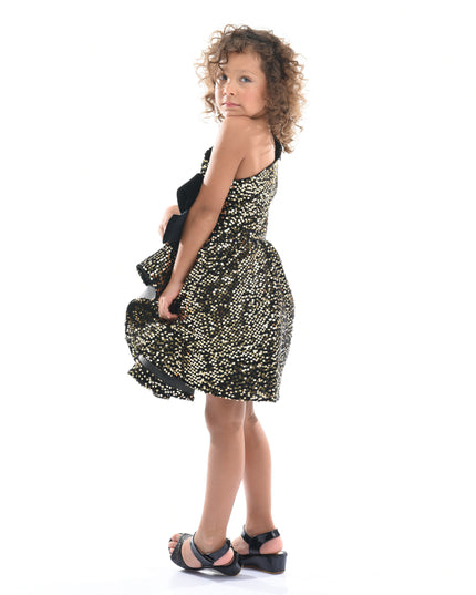 Black Gold Sequin Bow Zoria Dress