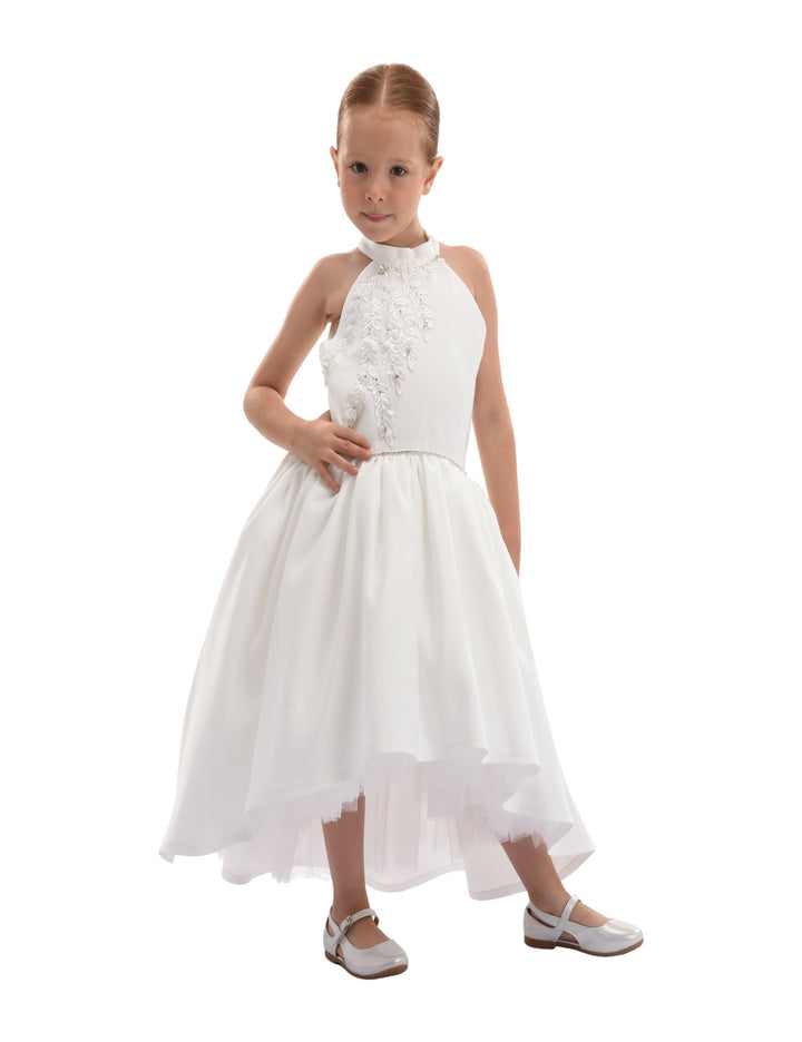 White Lavonne Halter Satin Embroidered Dress