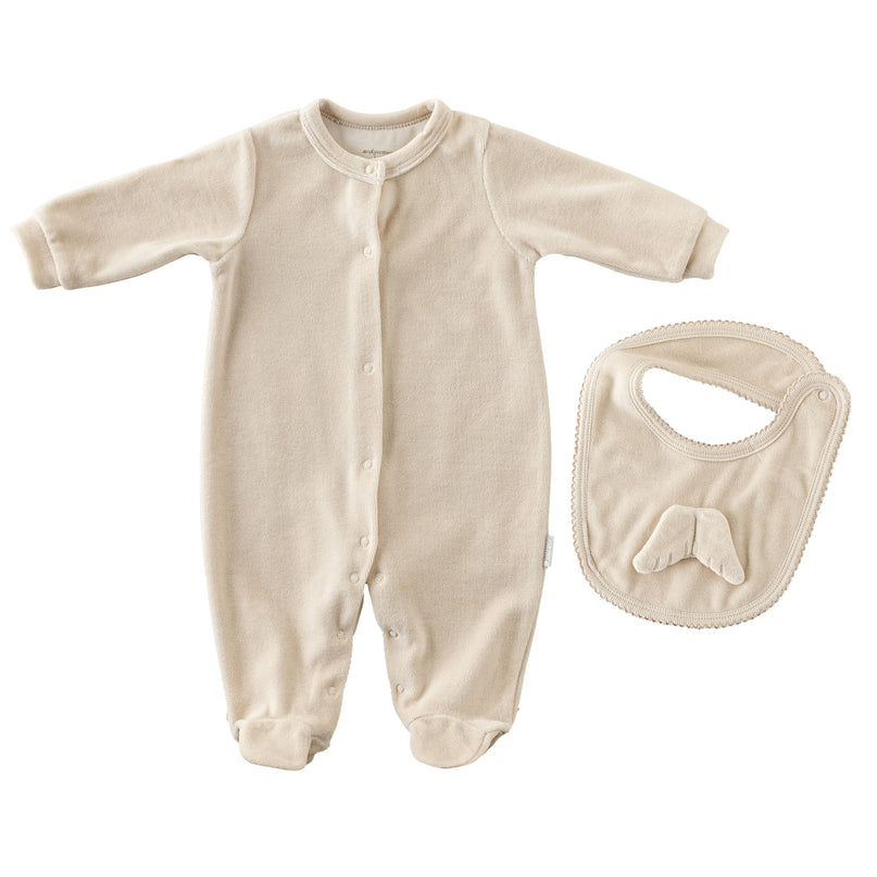 Andy Wawa-AC25324-BEIGE-ROMPER BIBS SET VELVET HAPPY NEWYEAR