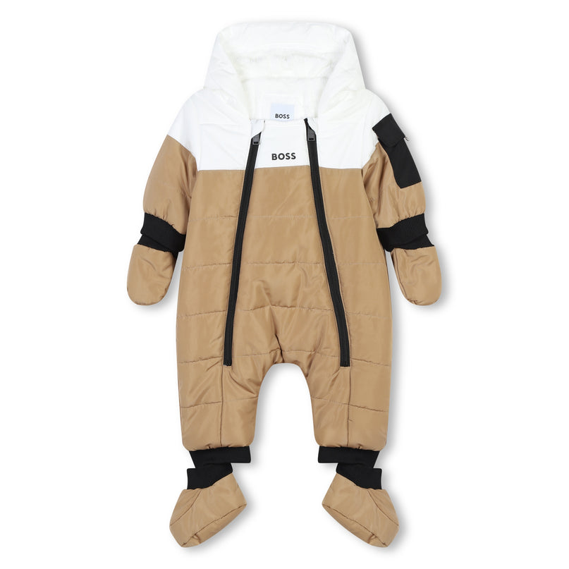 Beige Colorblock Down Snowsuit