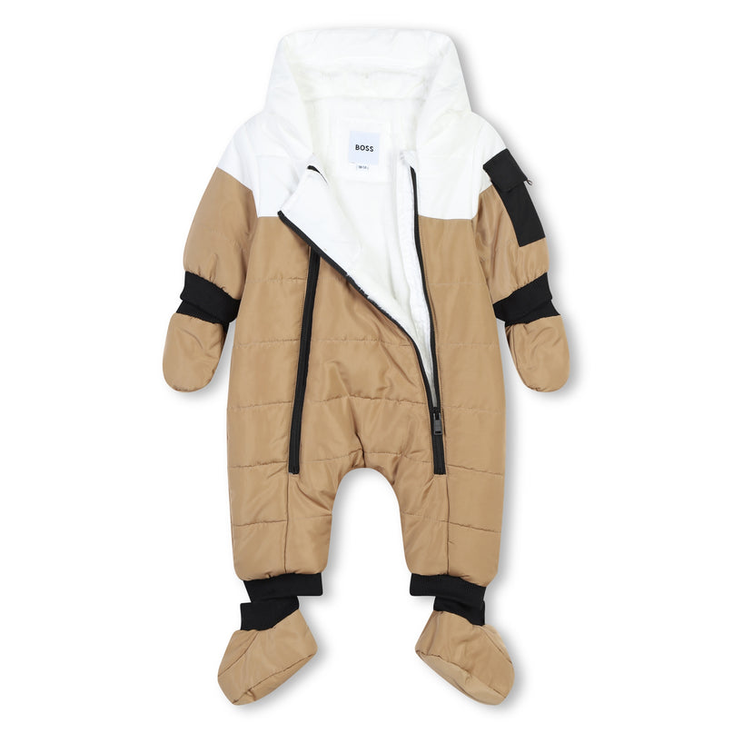 Beige Colorblock Down Snowsuit