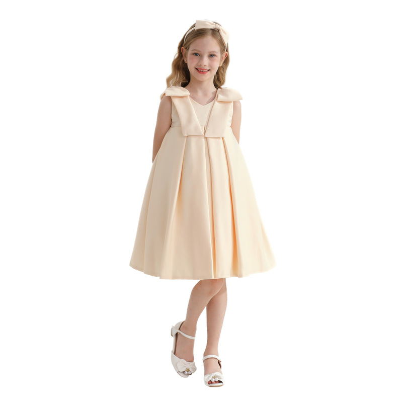 Champagne Gold Palermo Satin Bow Pleated Dress