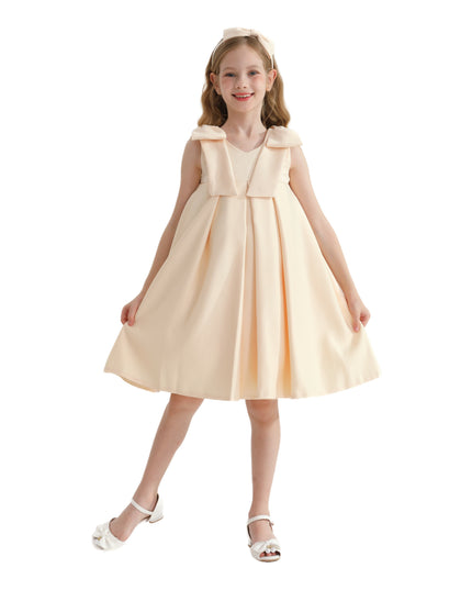 Champagne Gold Palermo Satin Bow Pleated Dress