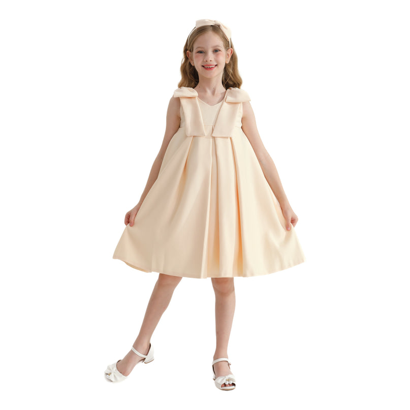 Champagne Gold Palermo Satin Bow Pleated Dress