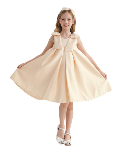 Champagne Gold Palermo Satin Bow Pleated Dress