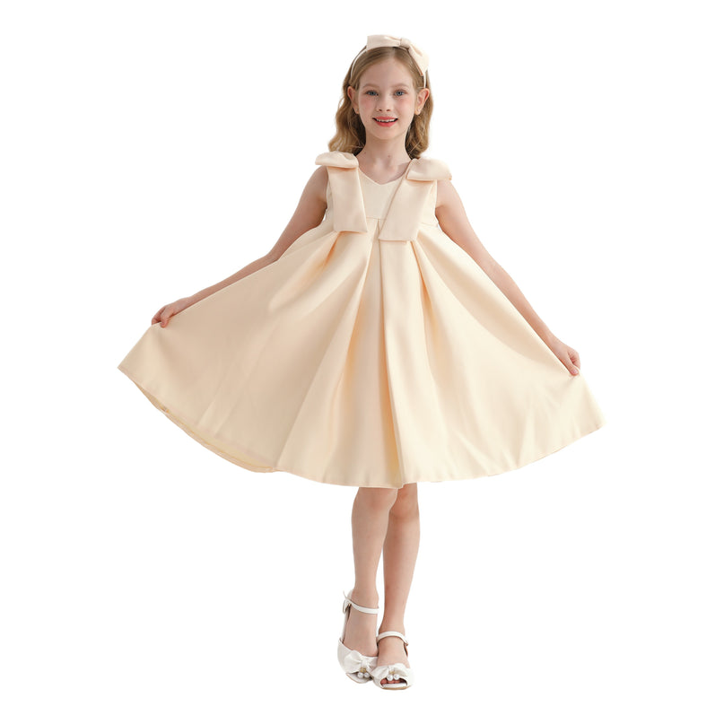 Champagne Gold Palermo Satin Bow Pleated Dress