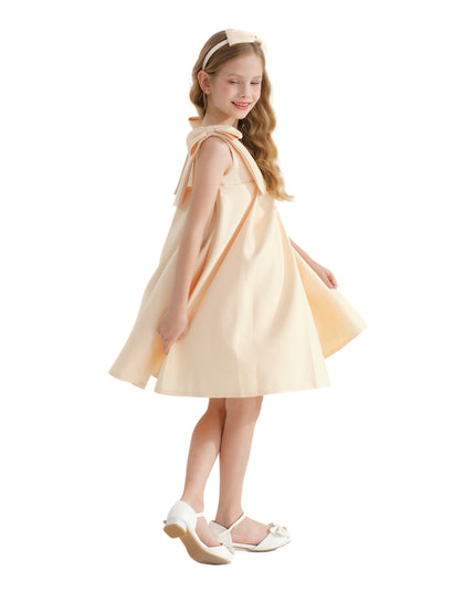 Champagne Gold Palermo Satin Bow Pleated Dress