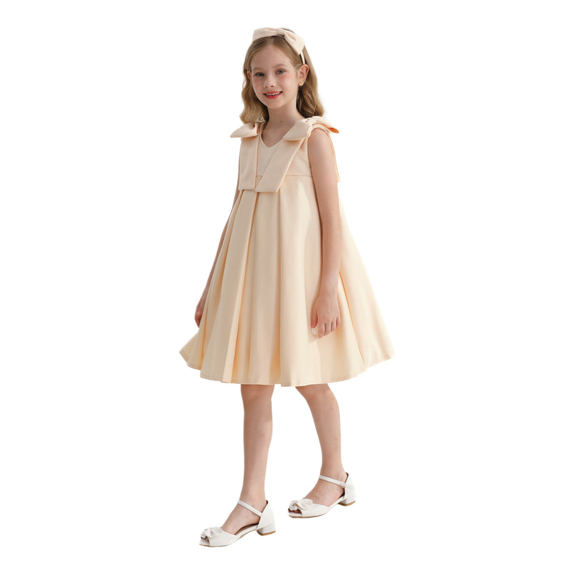 Champagne Gold Palermo Satin Bow Pleated Dress