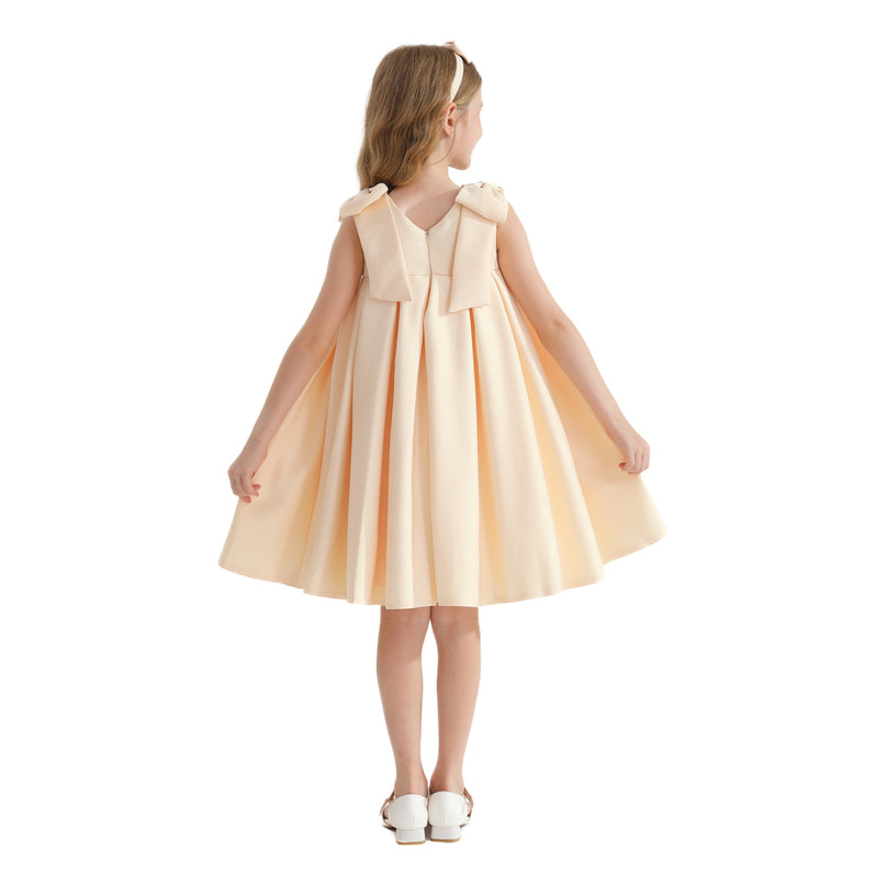 Champagne Gold Palermo Satin Bow Pleated Dress