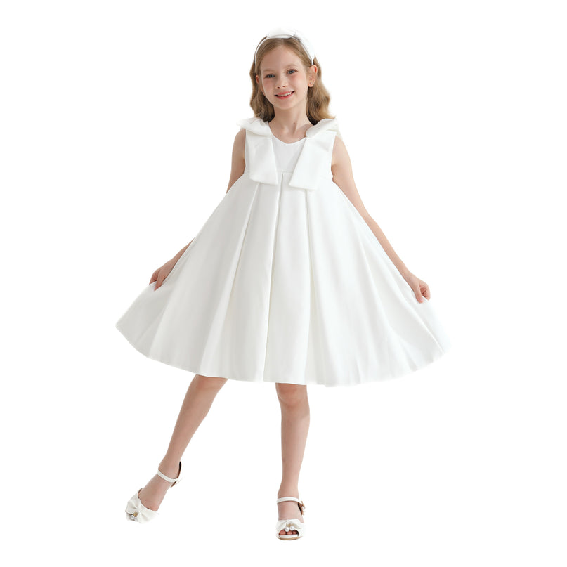 Ivory Palermo Satin Bow Pleated Dress