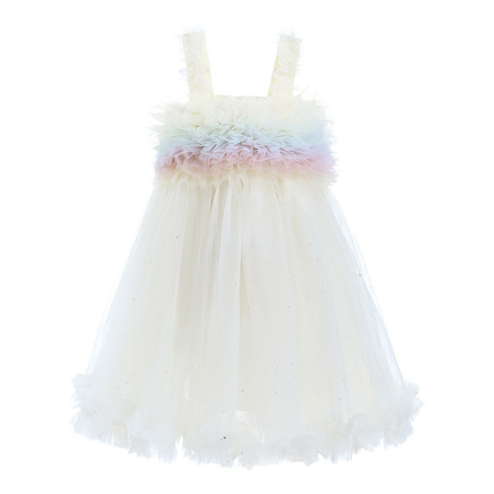 White Rainbow Ruffle Trapeze Dress