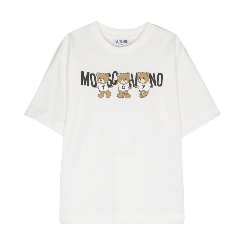 White 3 Bears Text Logo Print T-Shirt