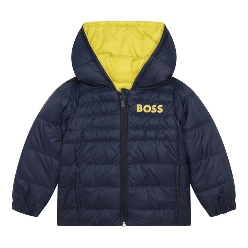 boss-Yellow & Navy Reversible Hooded Puffer Jacket-j06254-616