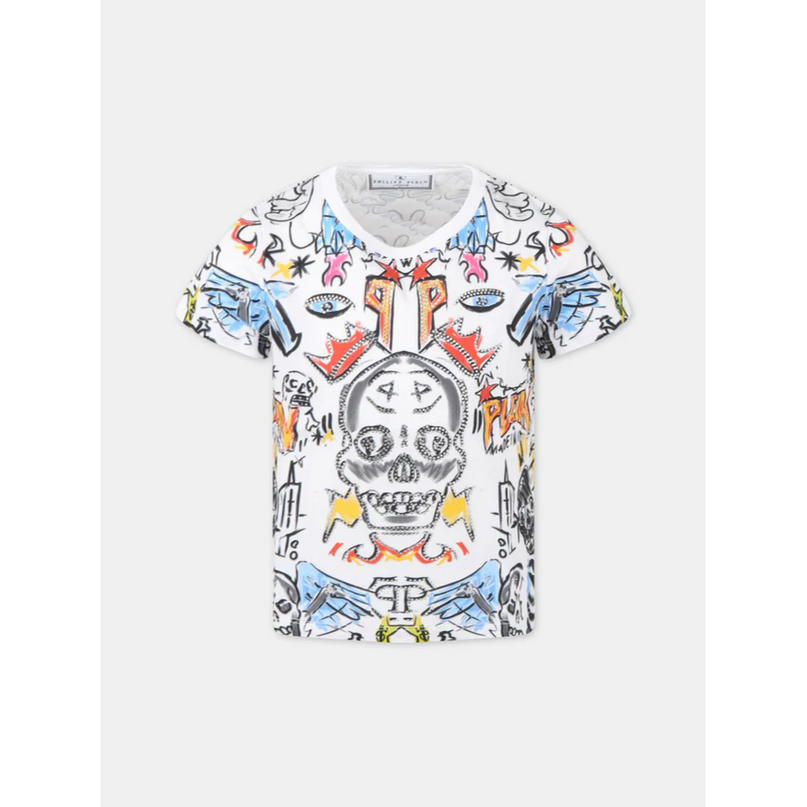 philipp-plein-White Graphic Print T-Shirt-t-shirt-2pm004-laa26-86591