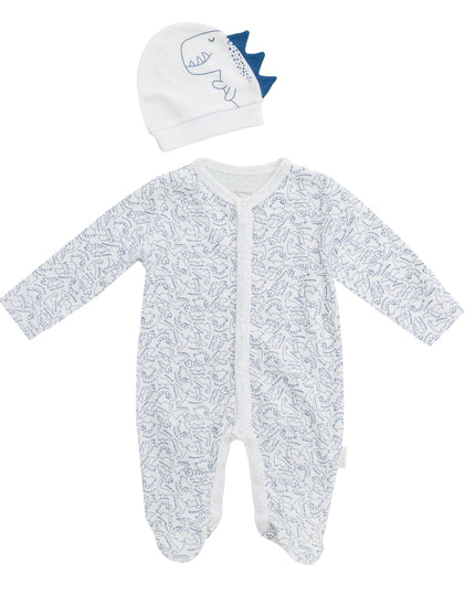 White Jurassic Print Babygrow & Beanie