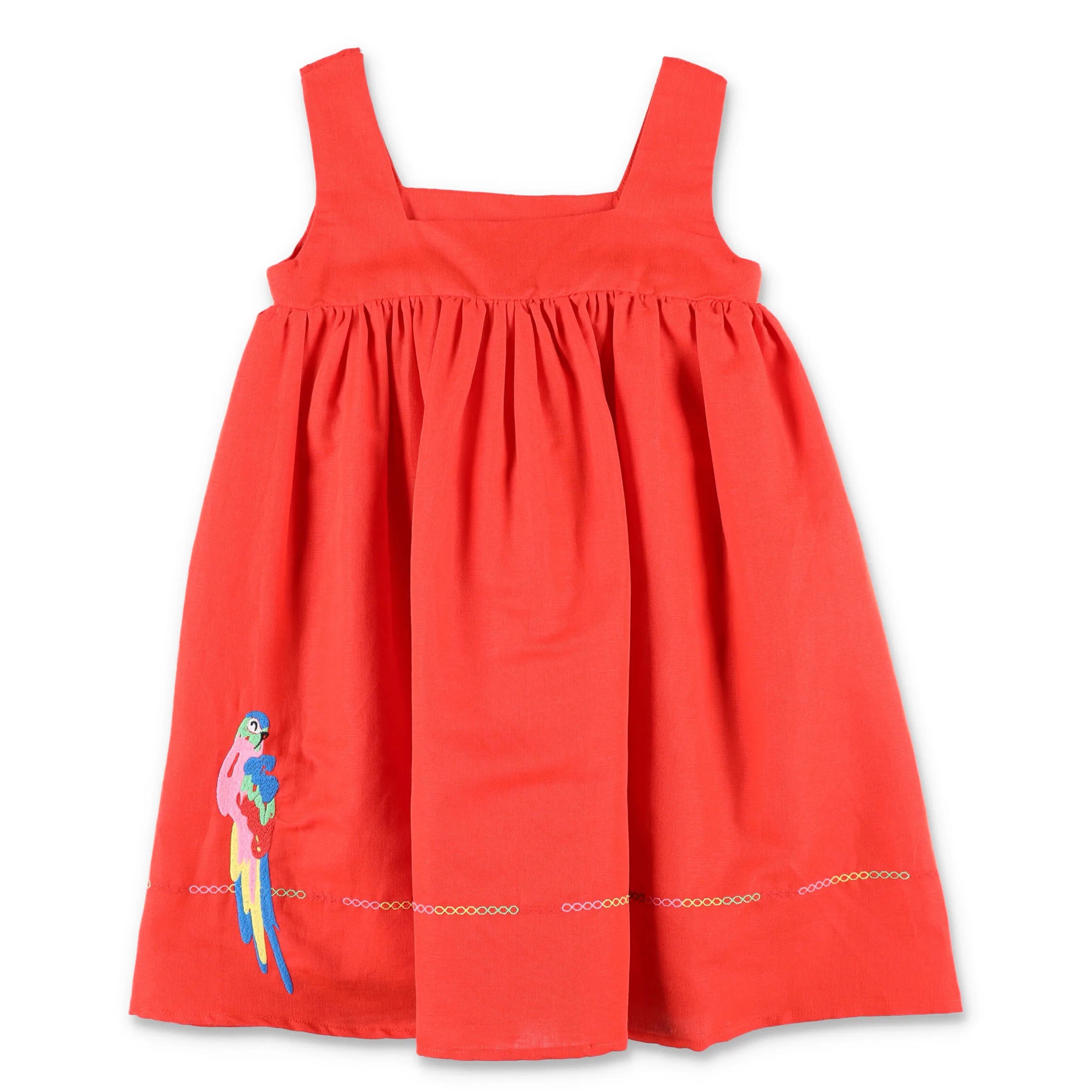 Red Sleeveless Linen Parrots Dress - kids atelier